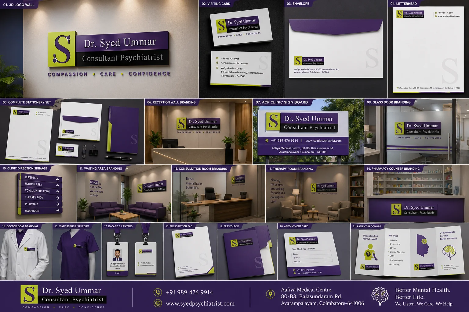 Dr. Syed Ummar Consultant Psychiatrist complete clinic branding and stationery showcase in Coimbatore