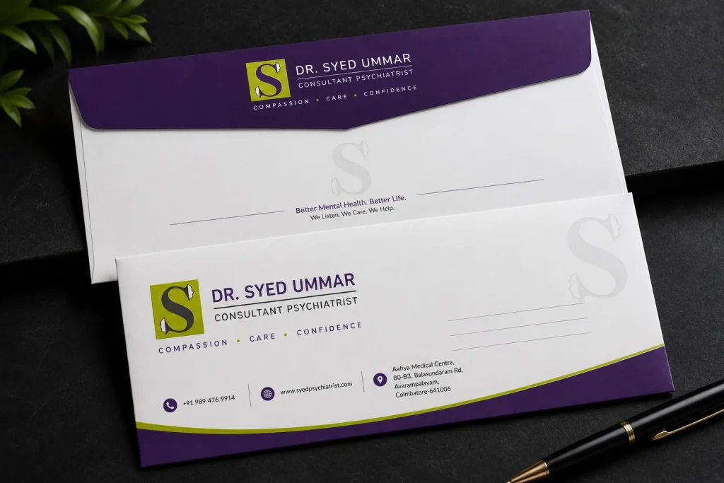 Dr Syed Ummar Consultant Psychiatrist envelope branding design