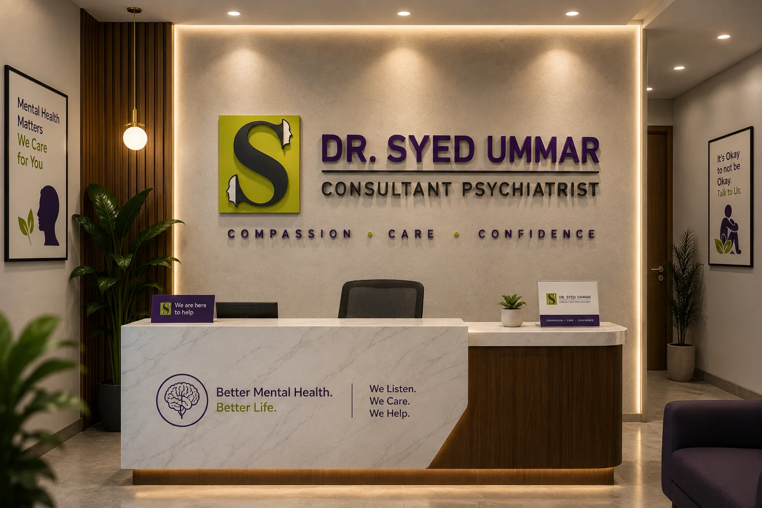 Dr. Syed Ummar Consultant Psychiatrist reception area branding in Coimbatore