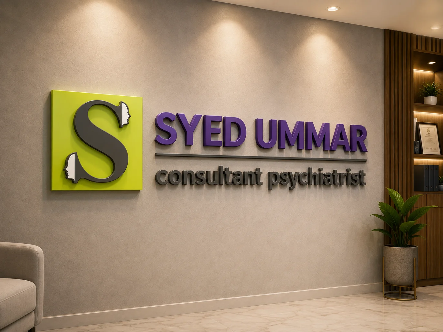 Dr Syed Ummar Consultant Psychiatrist 3D wall logo branding