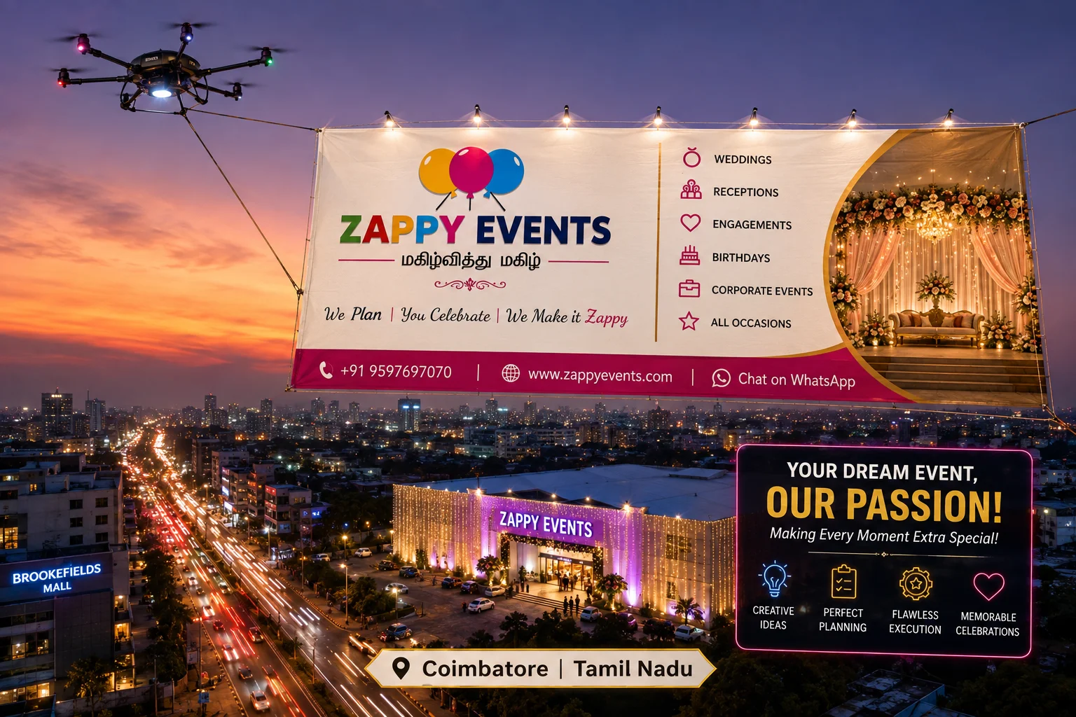 Zappy Events aerial event banner showcasing wedding and event management services in Coimbatore