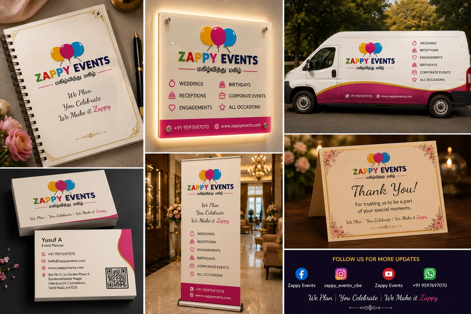 Zappy Events brand identity showcase featuring notebook, wall sign, branded event van, business cards, standee, thank you card and social media details