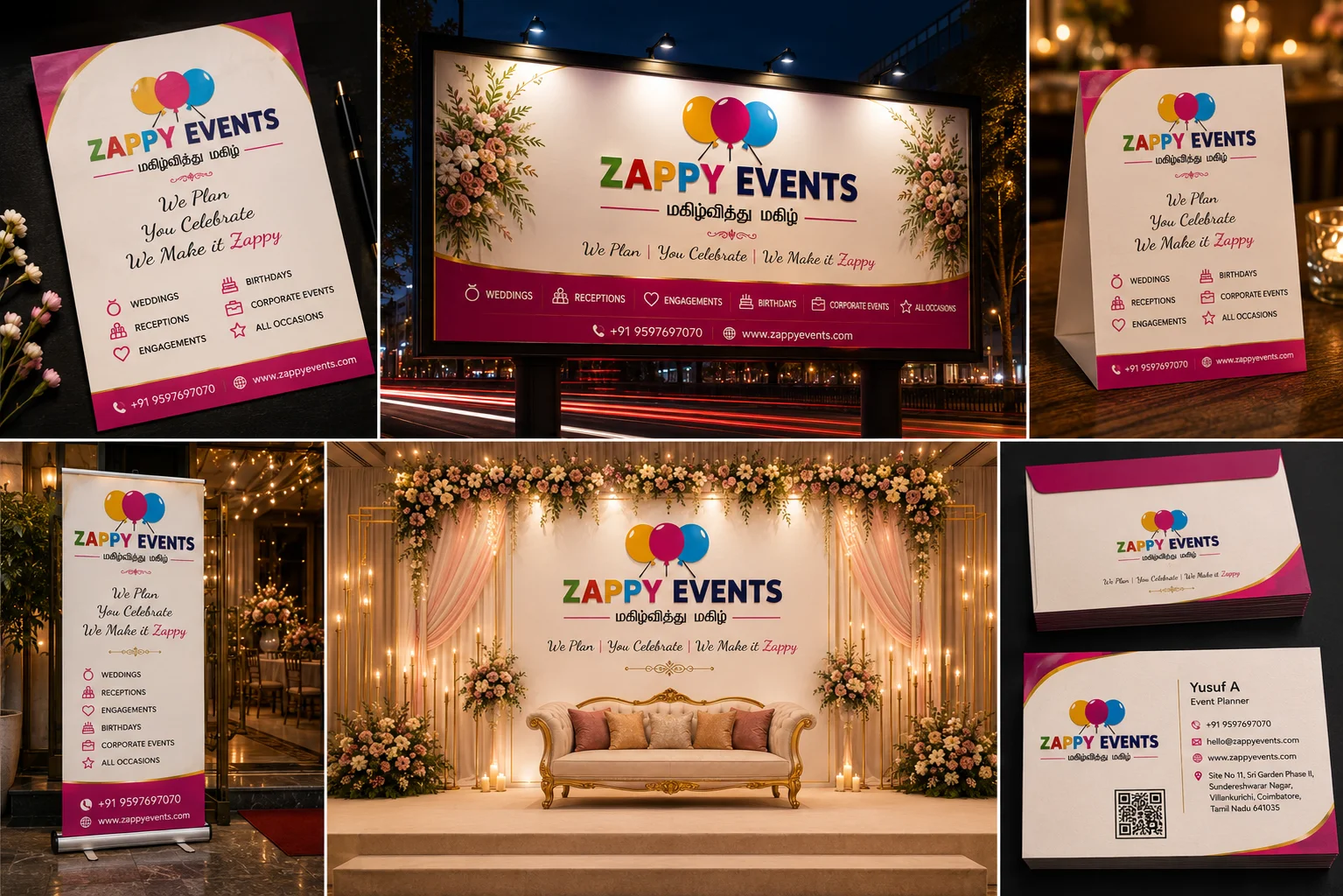 Zappy Events complete branding showcase featuring event signage, billboard, standee, wedding backdrop, envelopes and business cards