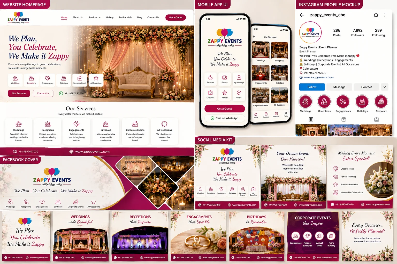 Zappy Events complete digital branding showcase featuring website homepage, mobile app UI, Instagram profile, Facebook cover and social media designs