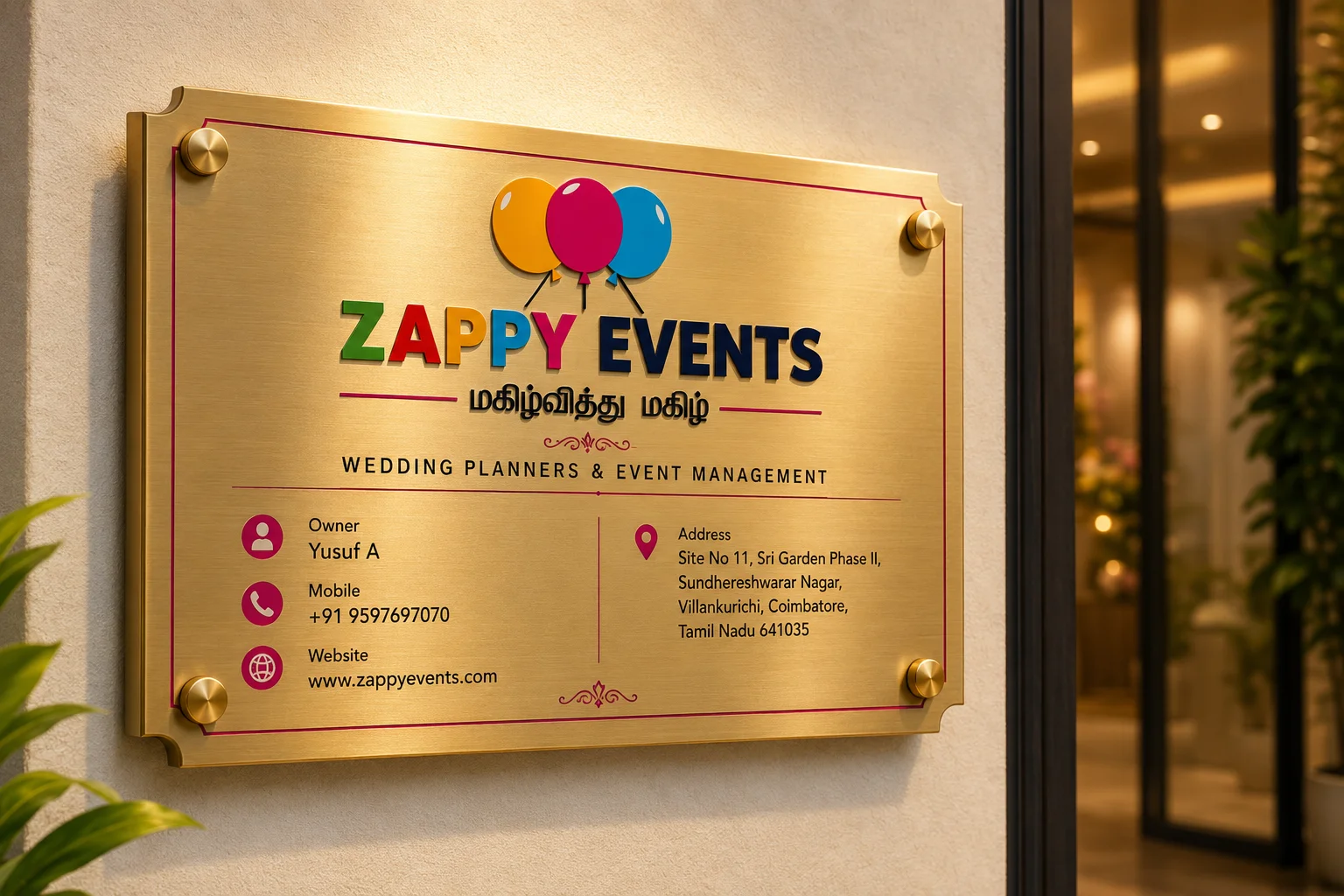 Zappy Events gold wall sign featuring wedding planners and event management branding