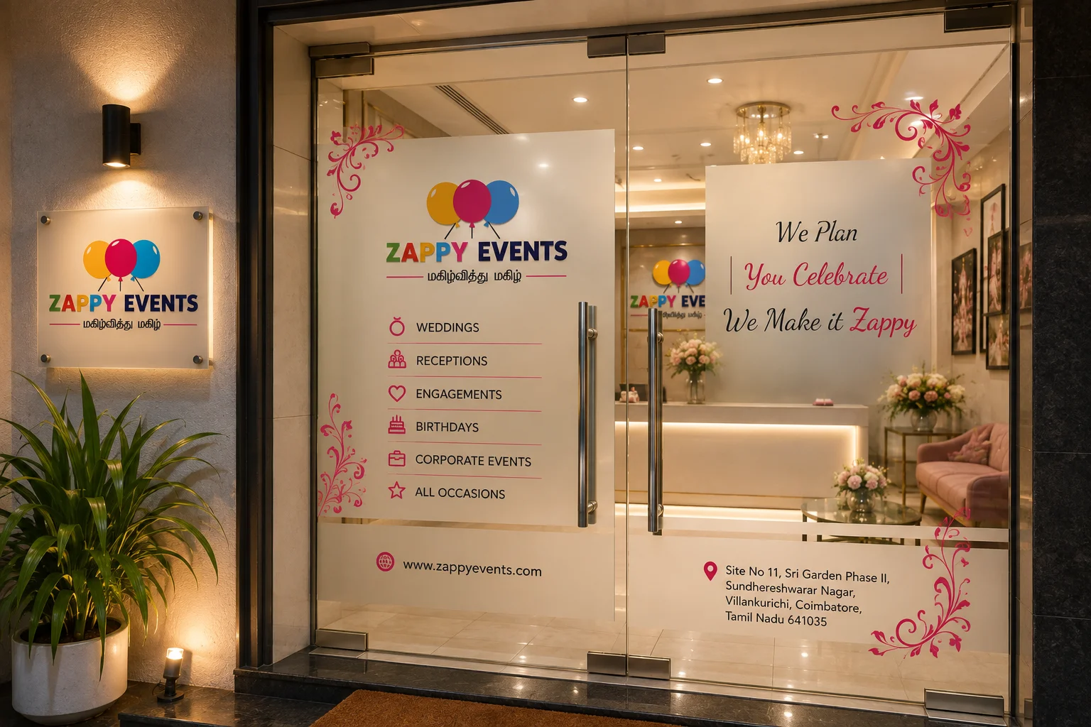 **WebP File Name:** `zappy-events-office-entrance-branding.webp` **Alt Text:** `Zappy Events office entrance branding with event services in Coimbatore`