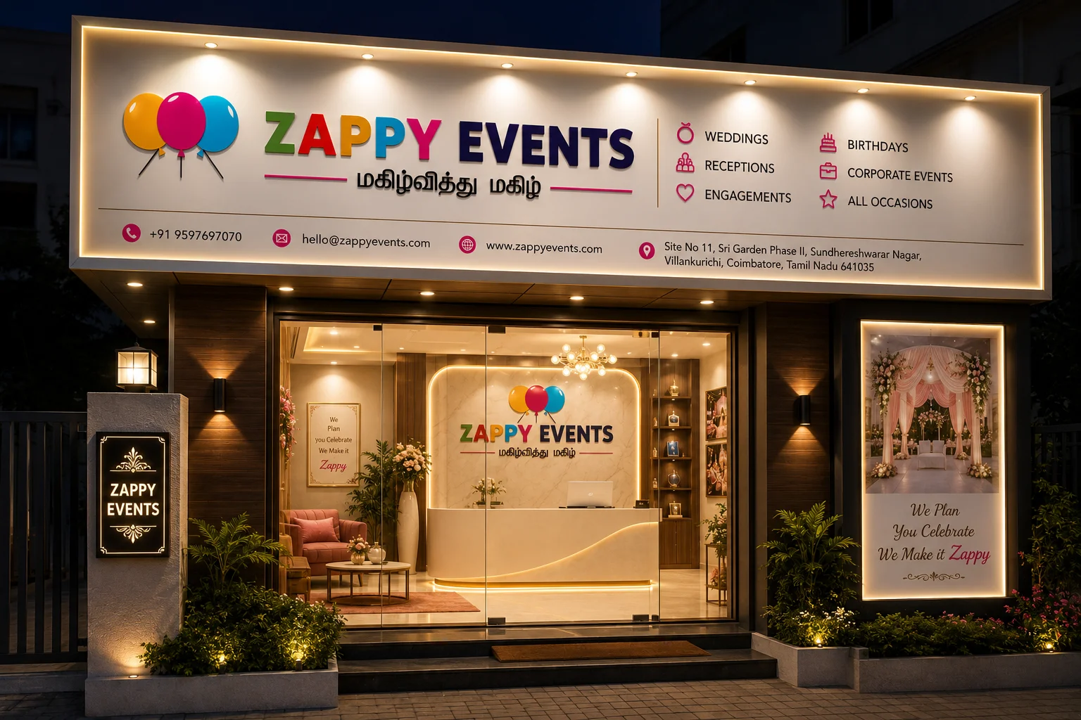 Zappy Events office exterior branding and signage in Coimbatore