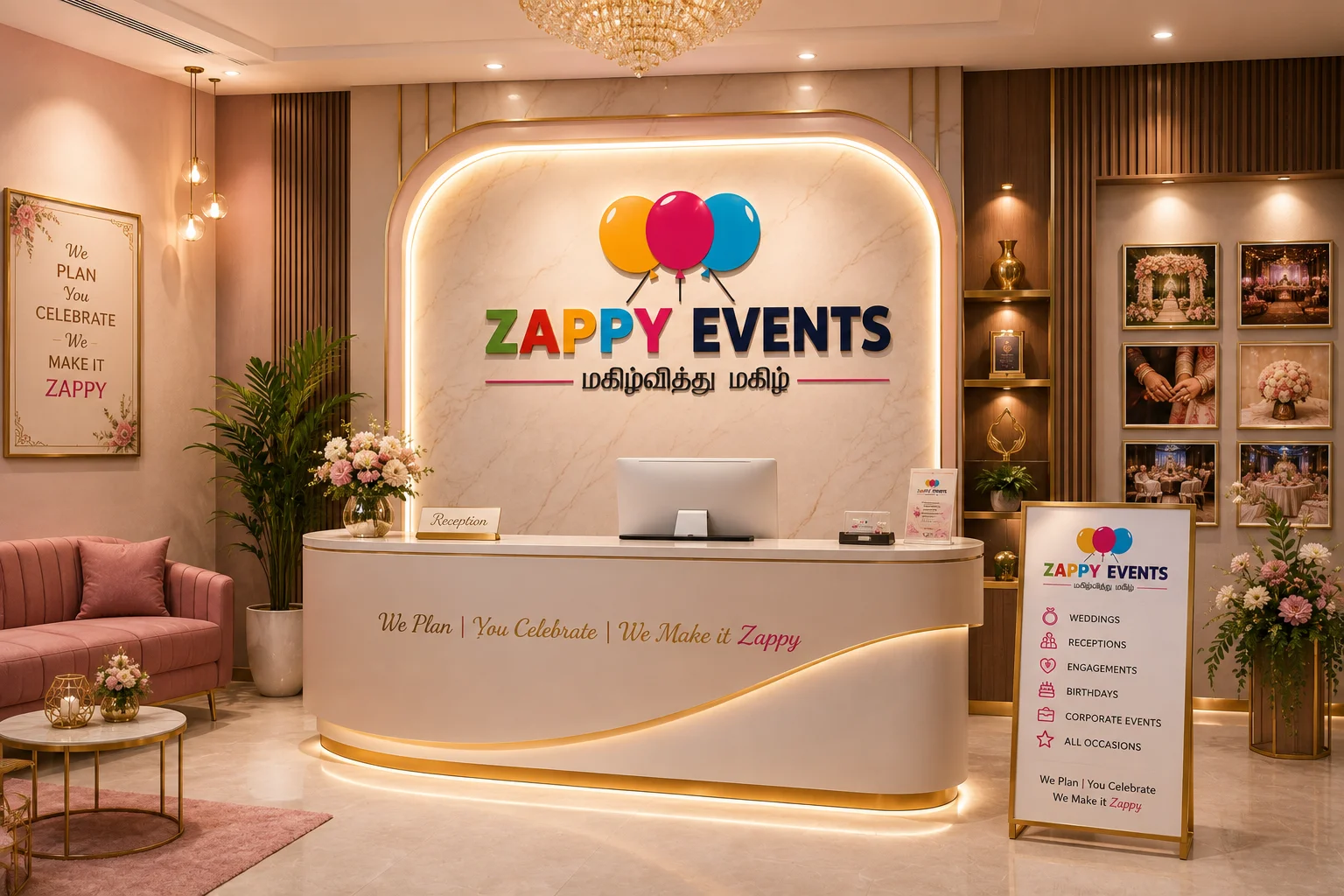 Zappy Events office reception branding with illuminated logo wall, reception desk and event portfolio display`