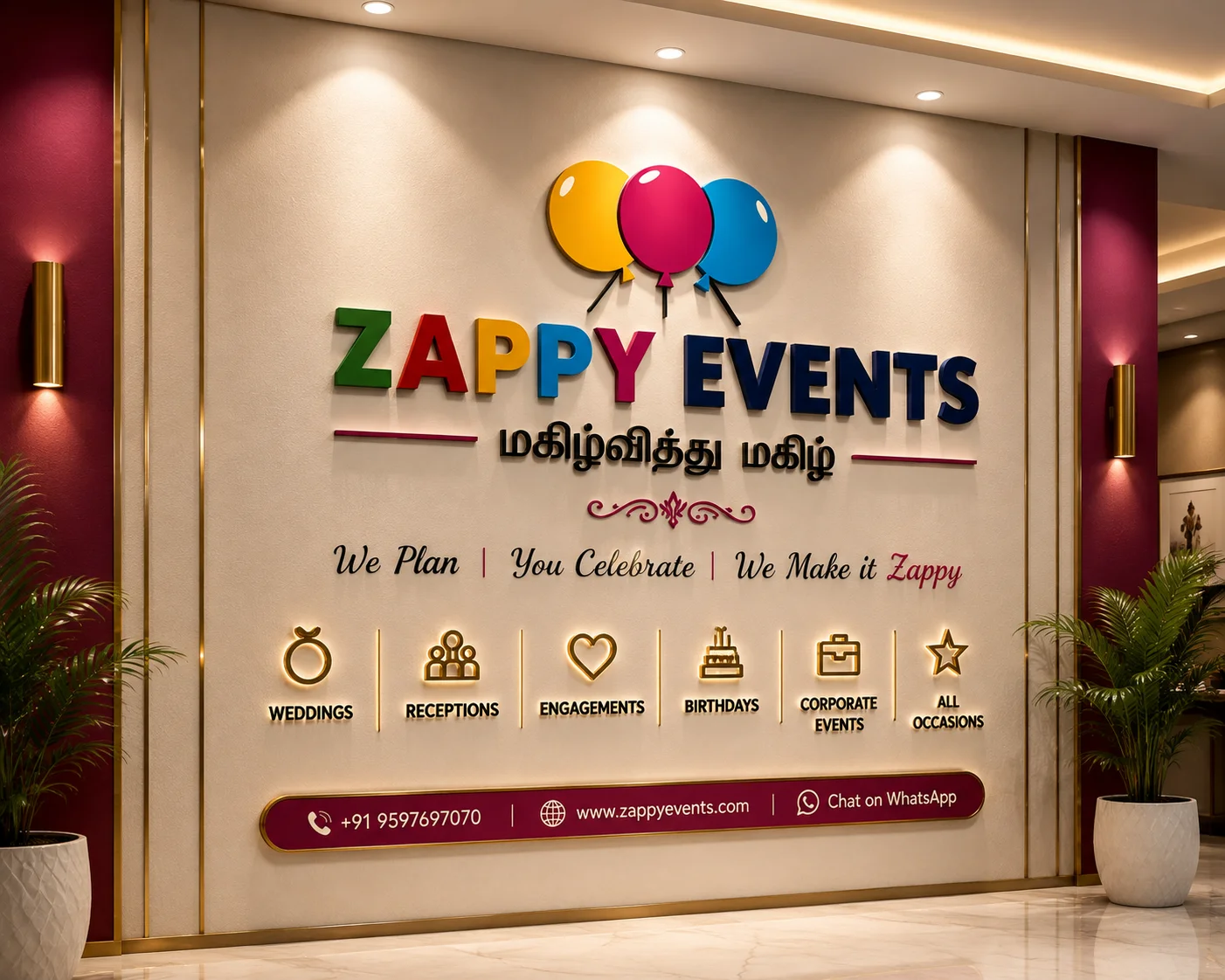 Zappy Events branded office wall showcasing weddings and event planning services