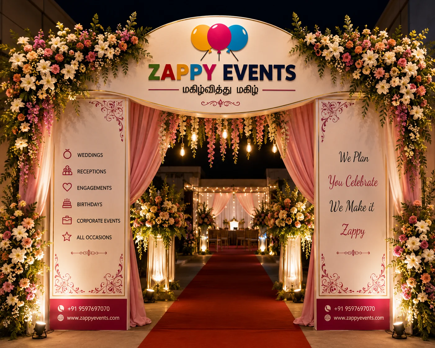 Zappy Events wedding entrance branding with floral decoration and event planning services