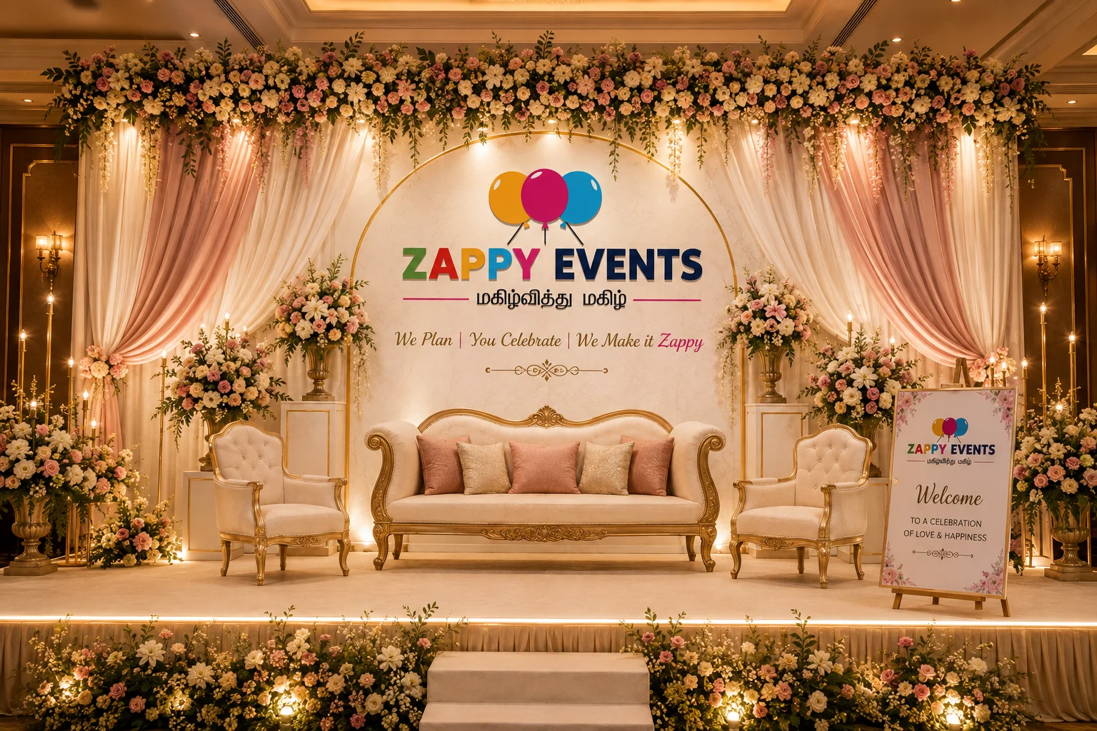 Zappy Events wedding stage decoration with floral backdrop, elegant seating and branded event setup
